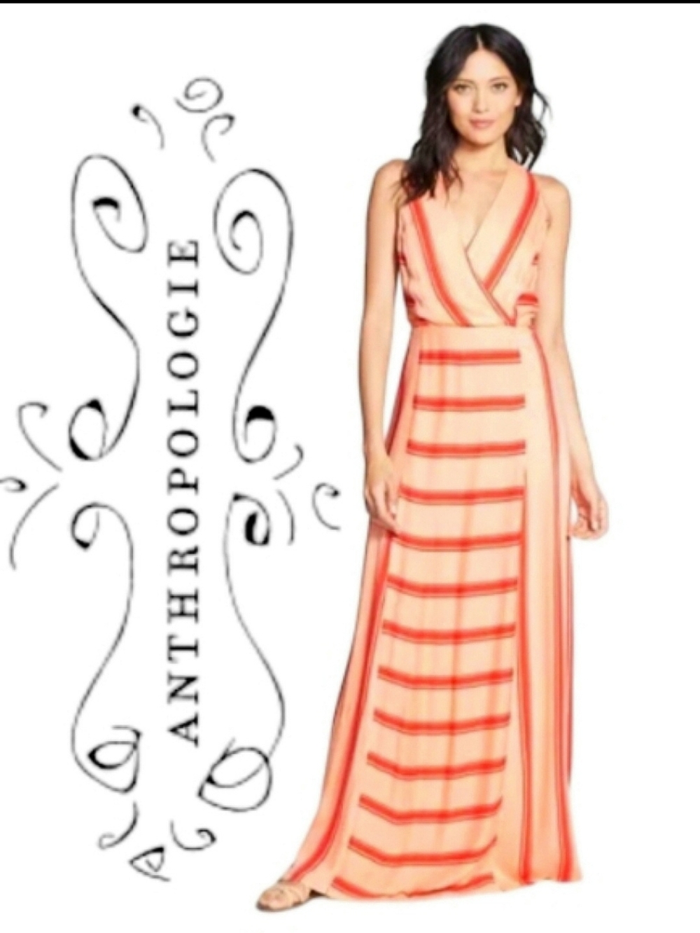 Ella Moss for Anthropologie Anabel Stripe Surplice Maxi Dress in Persimmon L NWT